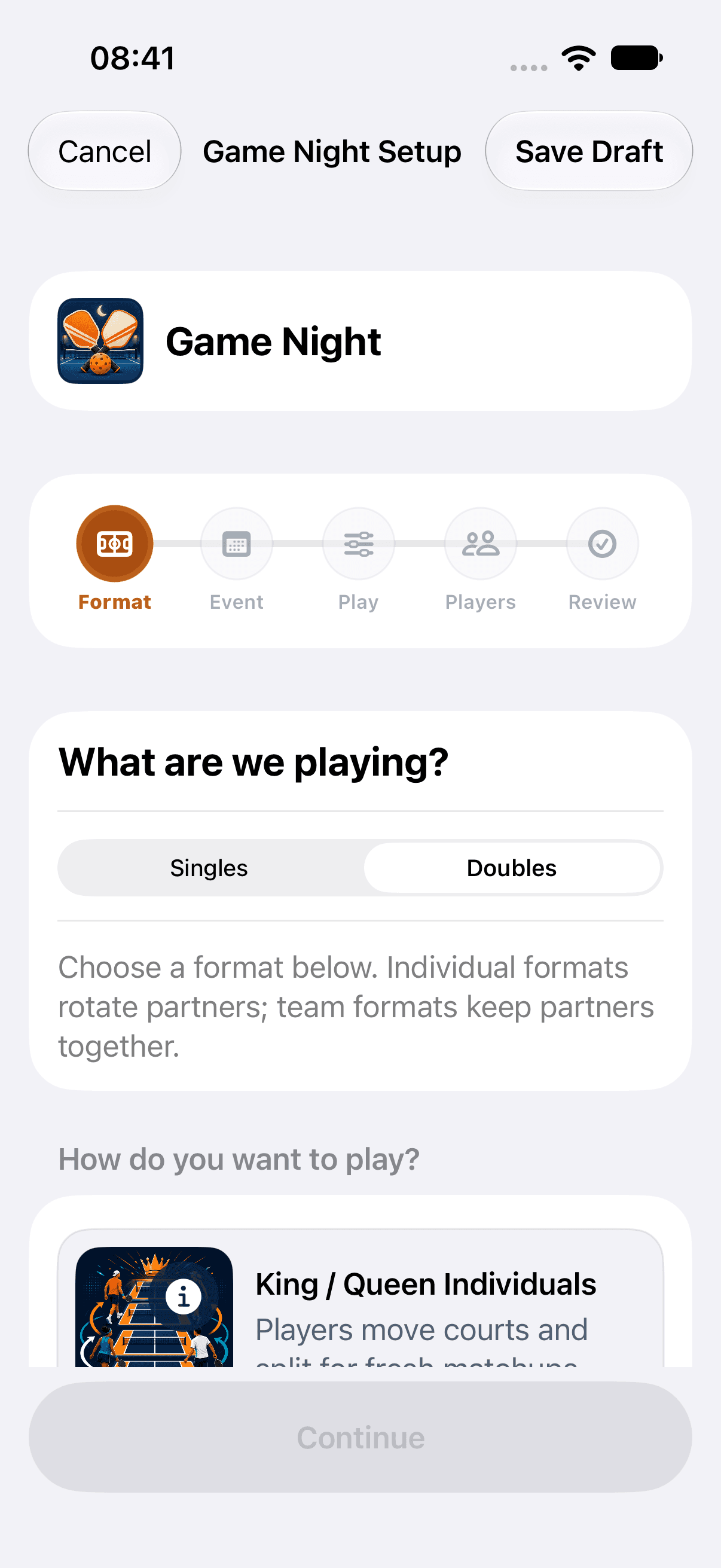 Current native iOS club Game Night setup showing Format, Event, Play, Players, and Review with synthetic example club data.