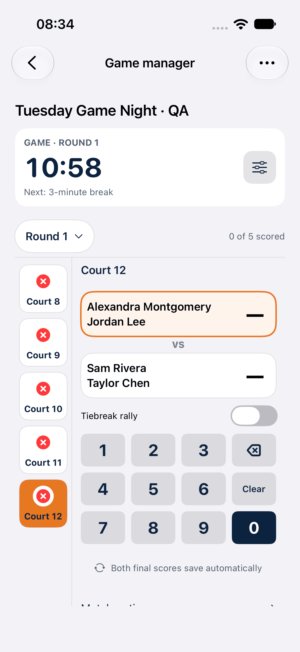 Current native iOS Game manager screen with a court selector and score keypad, rendered locally with synthetic test players.