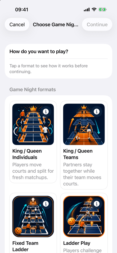 Game Night format picker showing King / Queen Individuals, King / Queen Teams, Fixed Team Ladder, and Ladder Play.