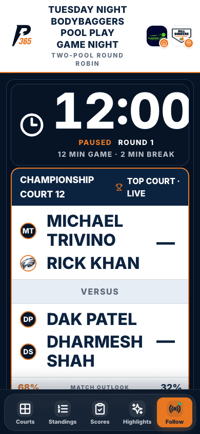 Live Pickleball365 Game Night showing the round timer, championship court, and scores