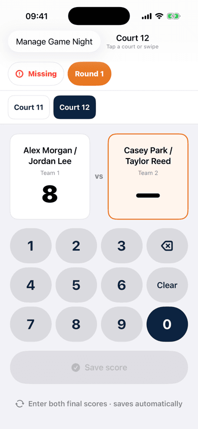 Game Night score entry with Court 12 selected, two team score fields, and a number pad.