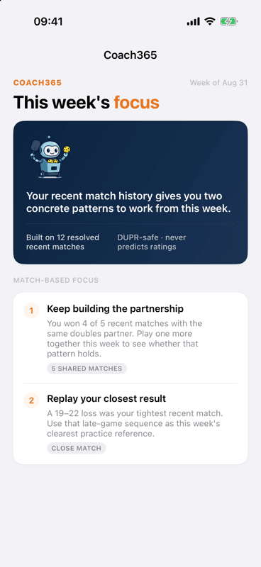 Coach365 weekly focus with partnership and close-match suggestions based on recorded matches.