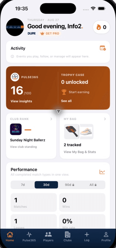 Pickleball365 player home dashboard