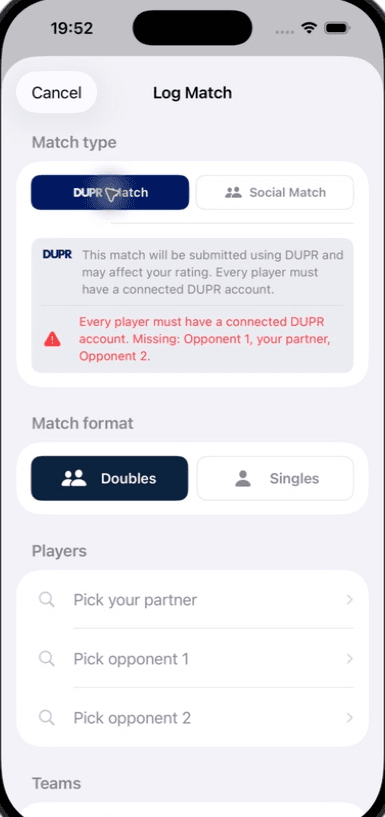 Pickleball365 Log Match screen