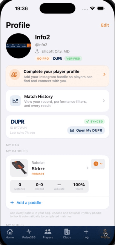 Pickleball365 player profile and My Bag screen
