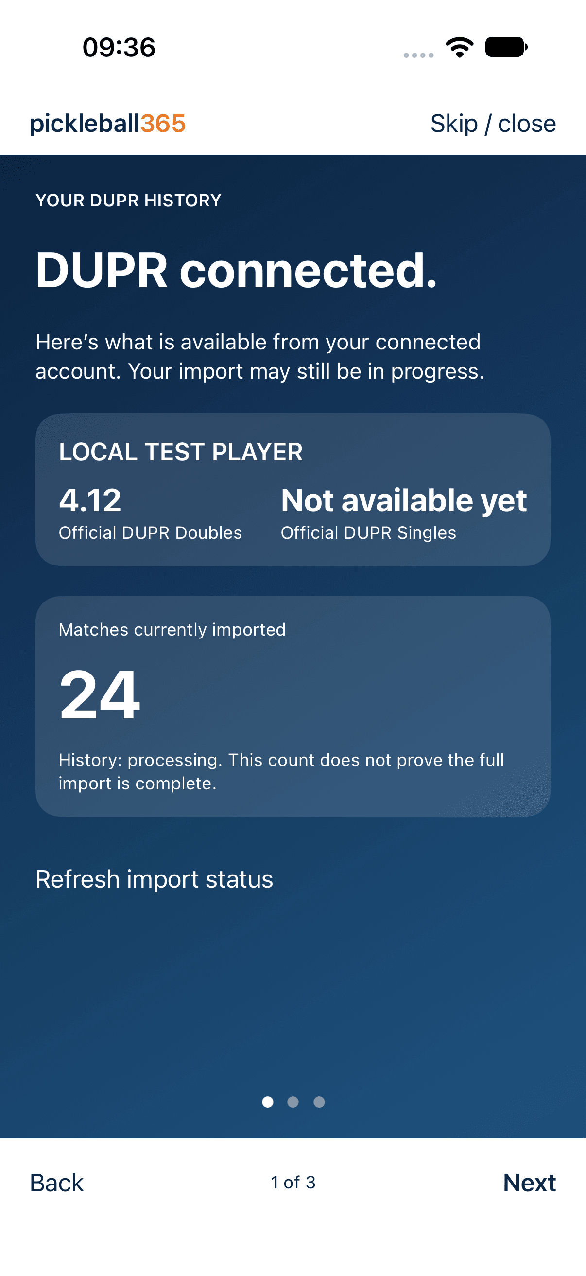 Preview of the new iOS DUPR welcome screen showing official ratings, imported matches, and import status