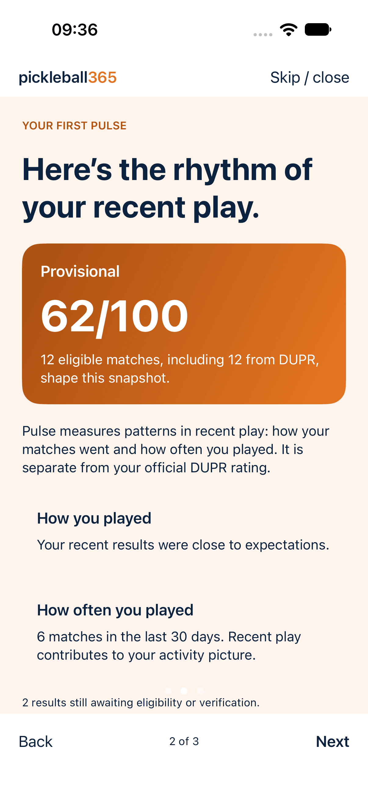 Preview of the new iOS first Pulse365 screen explaining recent match patterns separately from official DUPR ratings