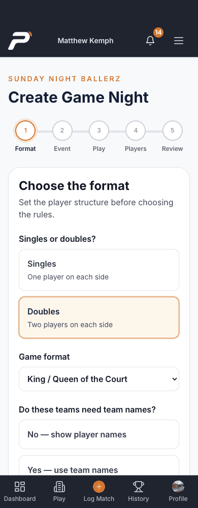 Club manager choosing from the available Pickleball365 Game Night formats in the updated five-step web setup