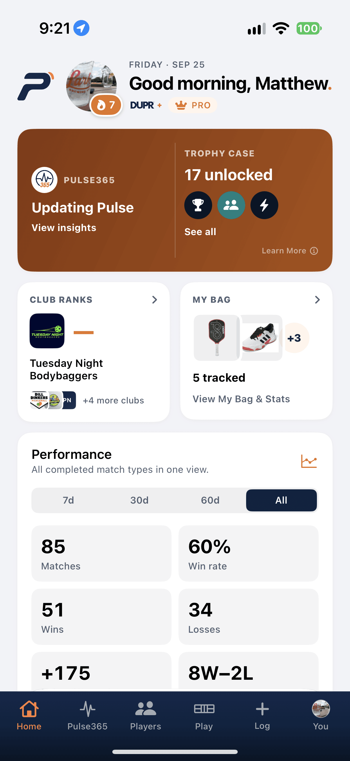 Pickleball365 player home dashboard