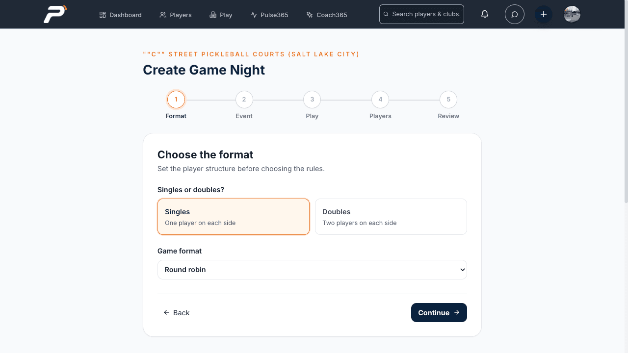 Production web format screen with Singles and Round robin selected.