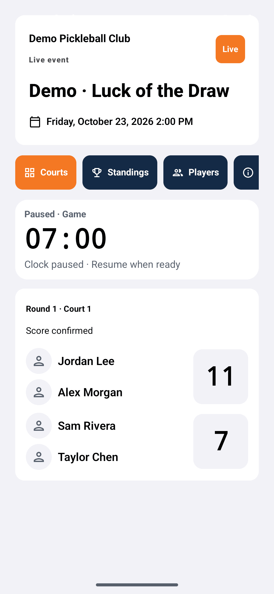 Native Android header and court components showing the same synthetic Round 1, Court 1, and 11–7 score.