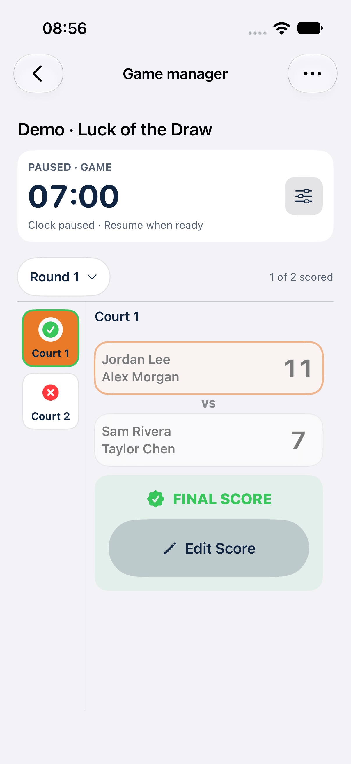 Native iOS manager controls for the same synthetic Round 1 and Court 1 result.