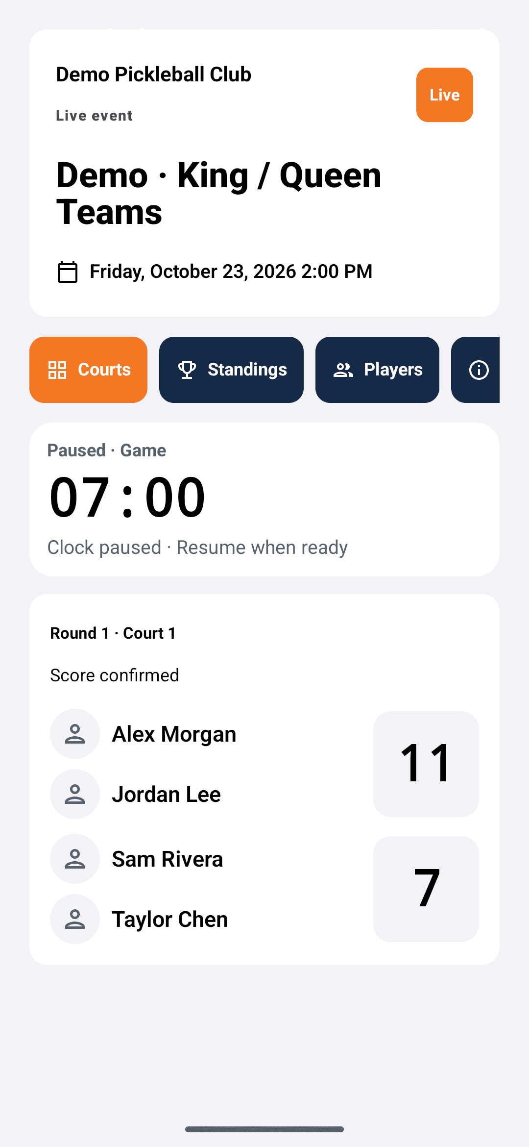 Native Android header and court components showing the same synthetic Round 1, Court 1, and 11–7 score.
