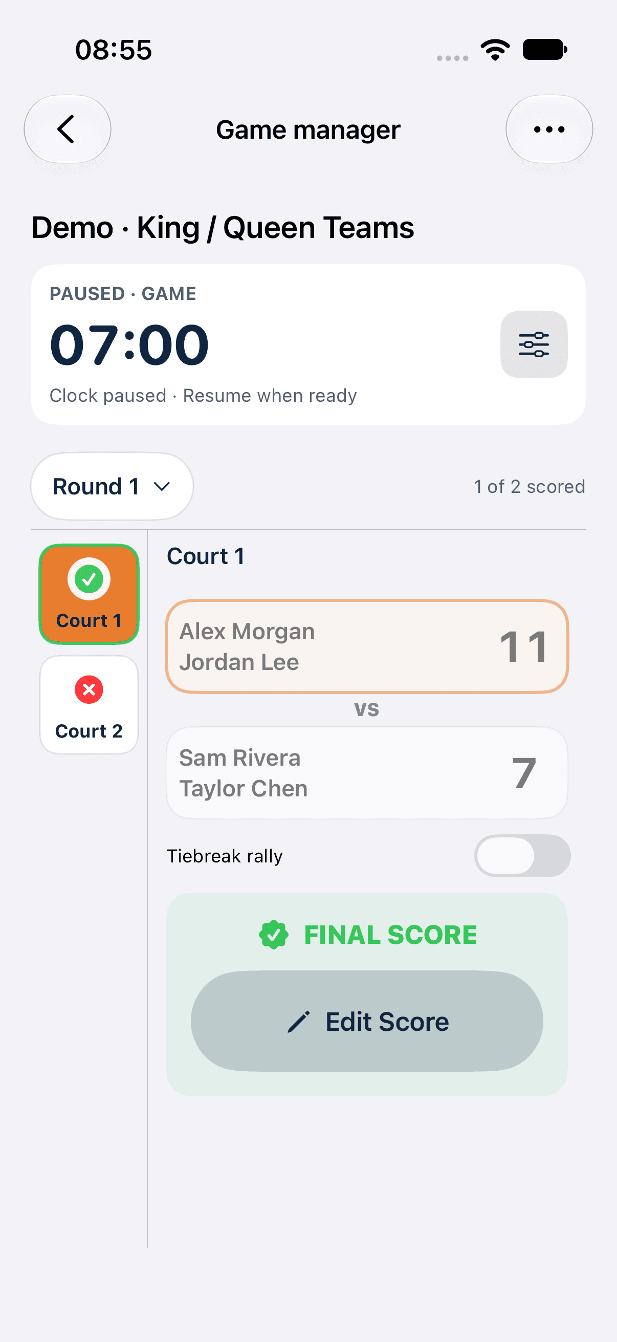 Native iOS manager controls for the same synthetic Round 1 and Court 1 result.