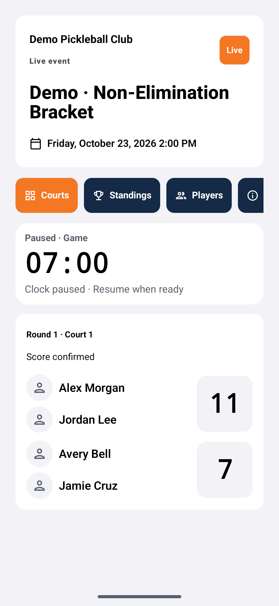 Native Android header and court components showing the same synthetic Round 1, Court 1, and 11–7 score.