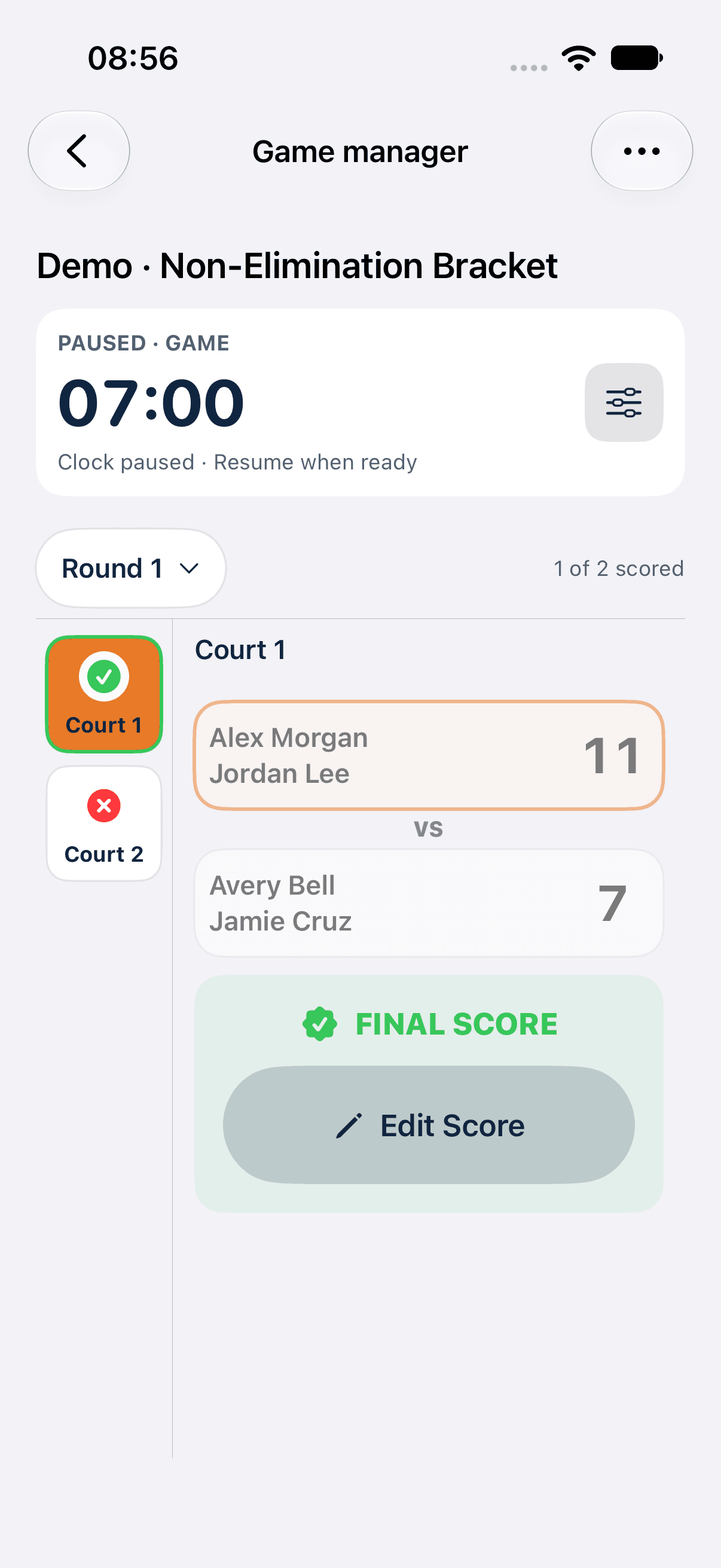 Native iOS manager controls for the same synthetic Round 1 and Court 1 result.