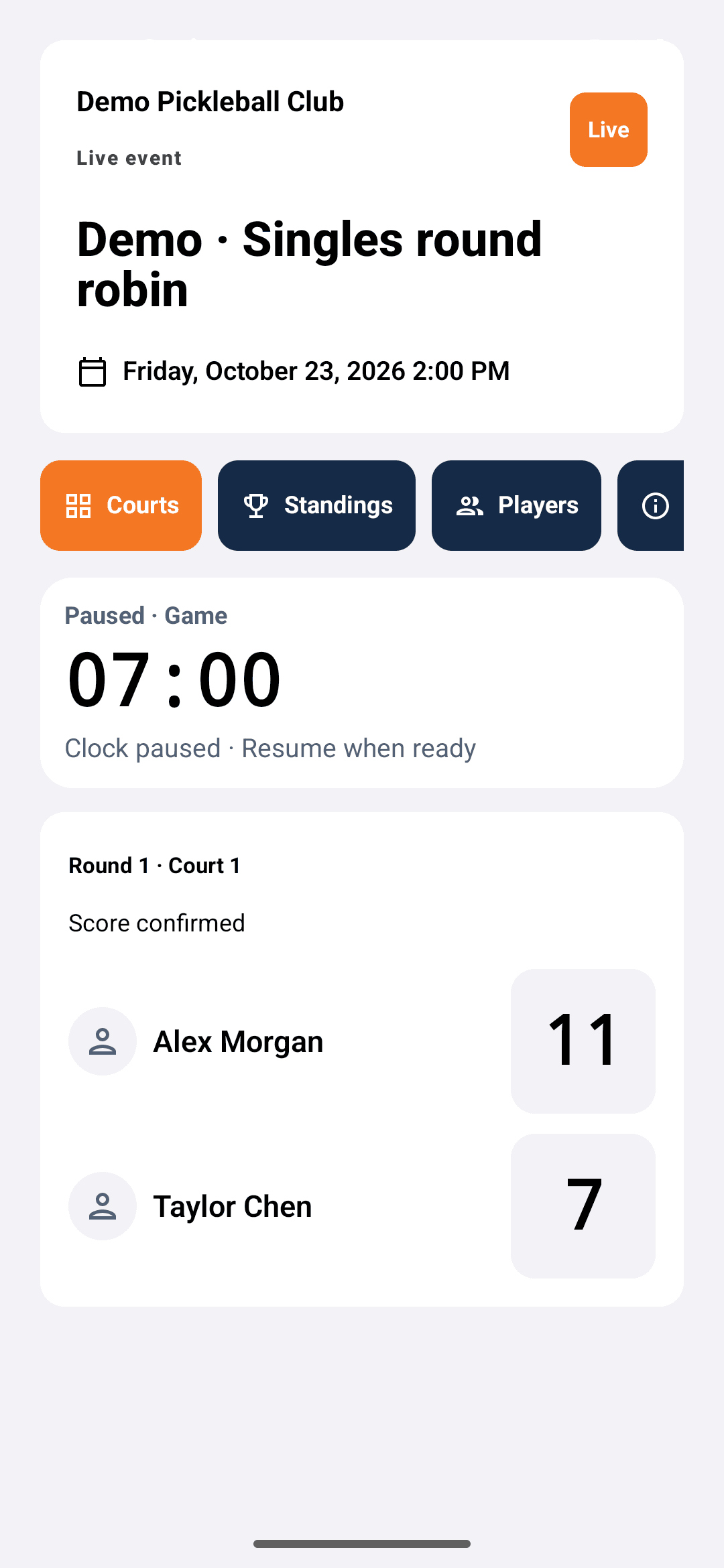 Native Android header and court components showing the same synthetic Round 1, Court 1, and 11–7 score.