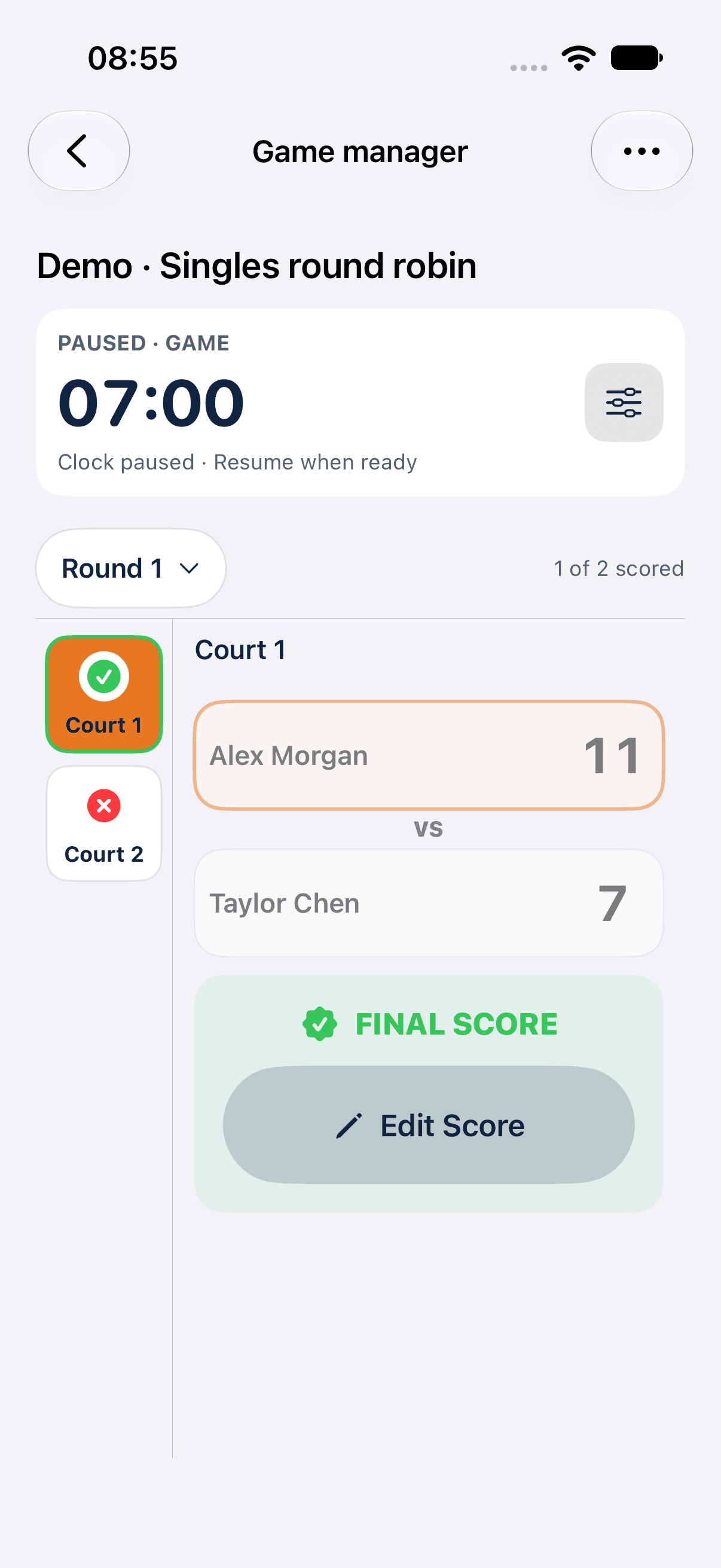 Native iOS manager controls for the same synthetic Round 1 and Court 1 result.